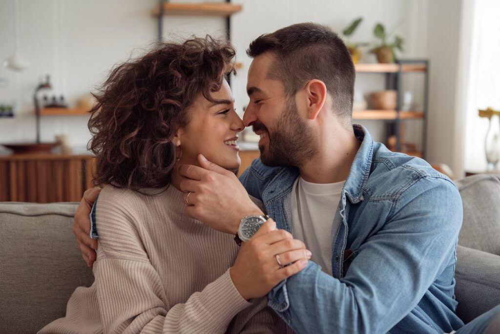 casal a sorrir e a beijar-se na sala de estar