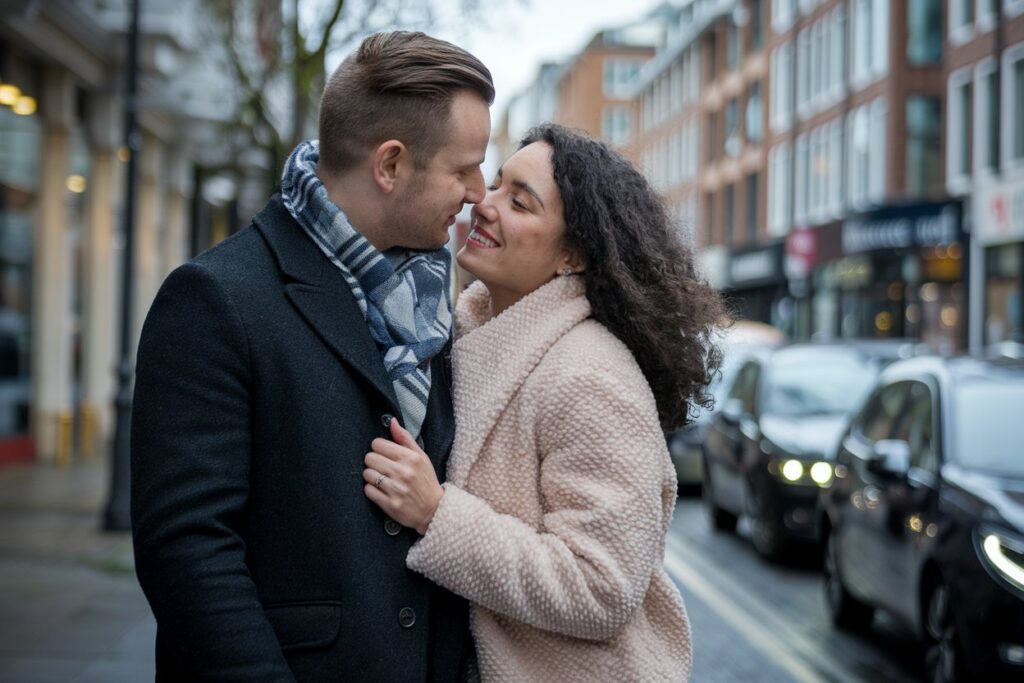 homem e mulher prestes a beijar-se na rua