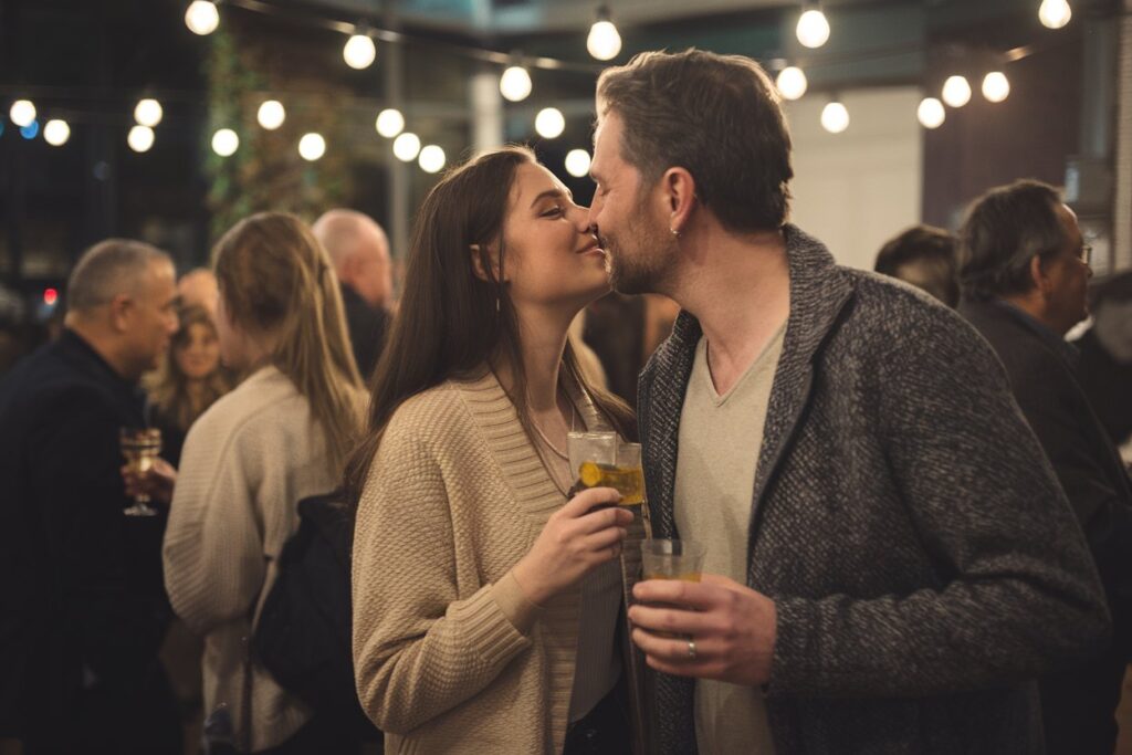 uomo e donna che si baciano a vicenda durante la festa