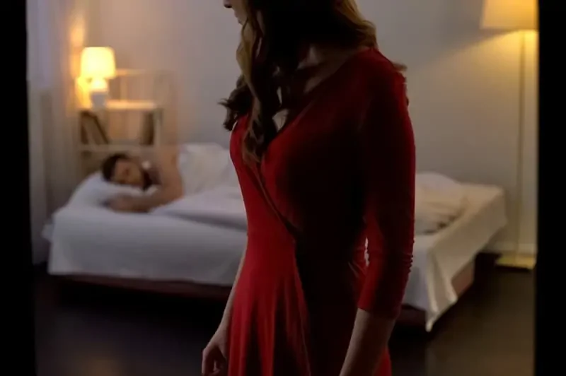woman leaving room at night while man sleeping in the bed