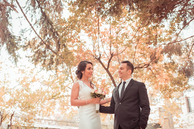 a newlywed looking at each other while standing under the tree