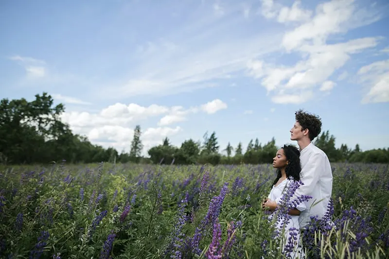 loving couple standing in lavender field hugging