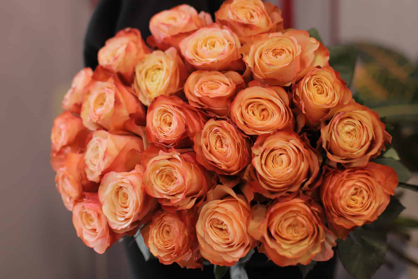 mujer sosteniendo gran ramo de rosas naranjas