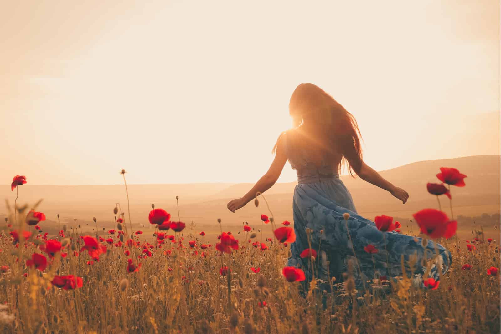 donna in campo di fiori al tramonto