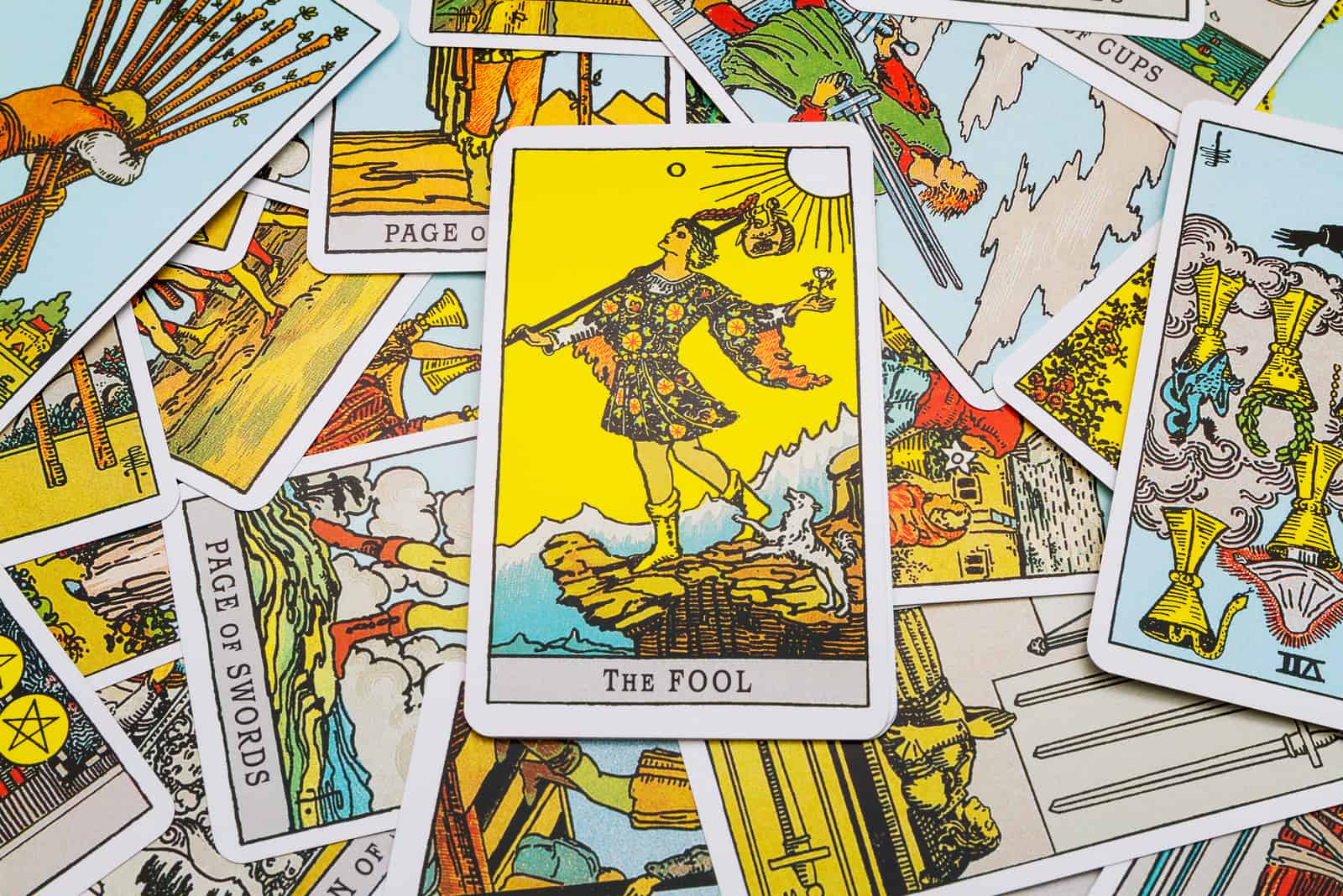The Fool on pile of Tarot Cards