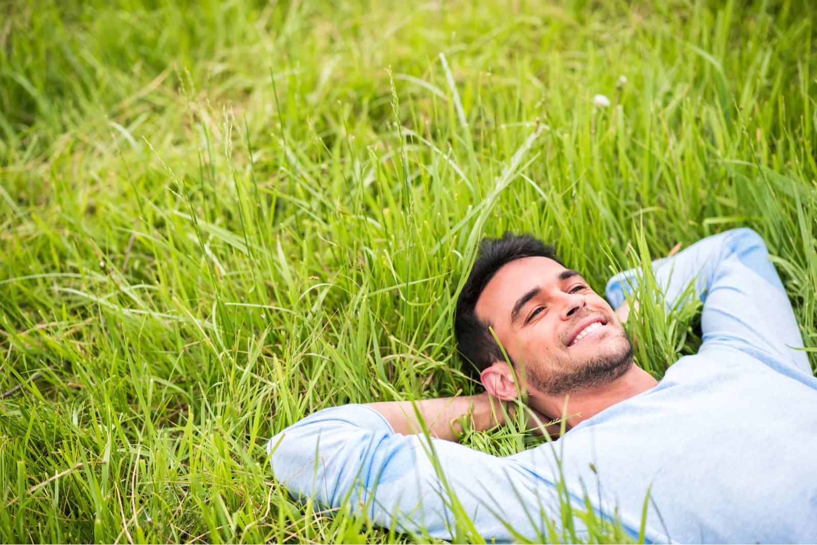 happy man lying in the green grass