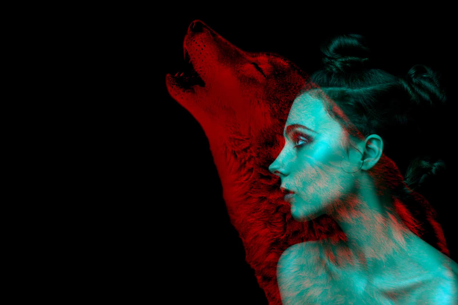 woman and her spirit animal with black background