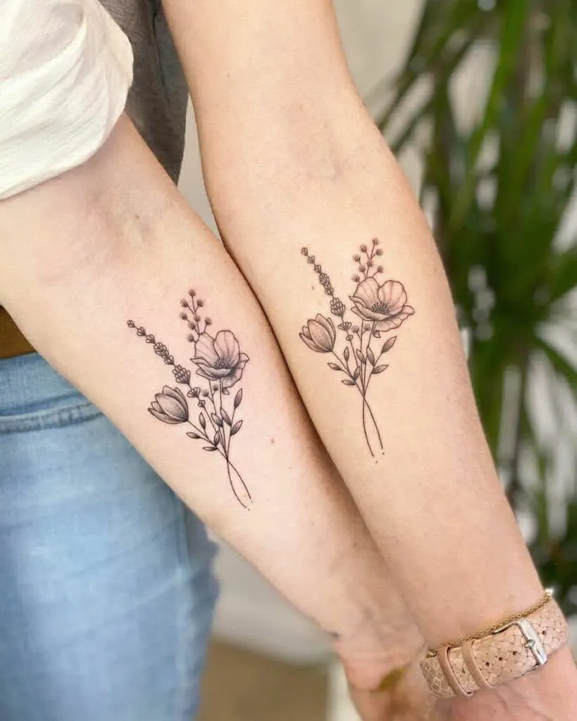 Matching sister flower tattoo  Tattoos for daughters Sister tattoos  Matching sister tattoos