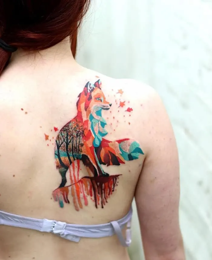 Colorful fox shoulder tattoo