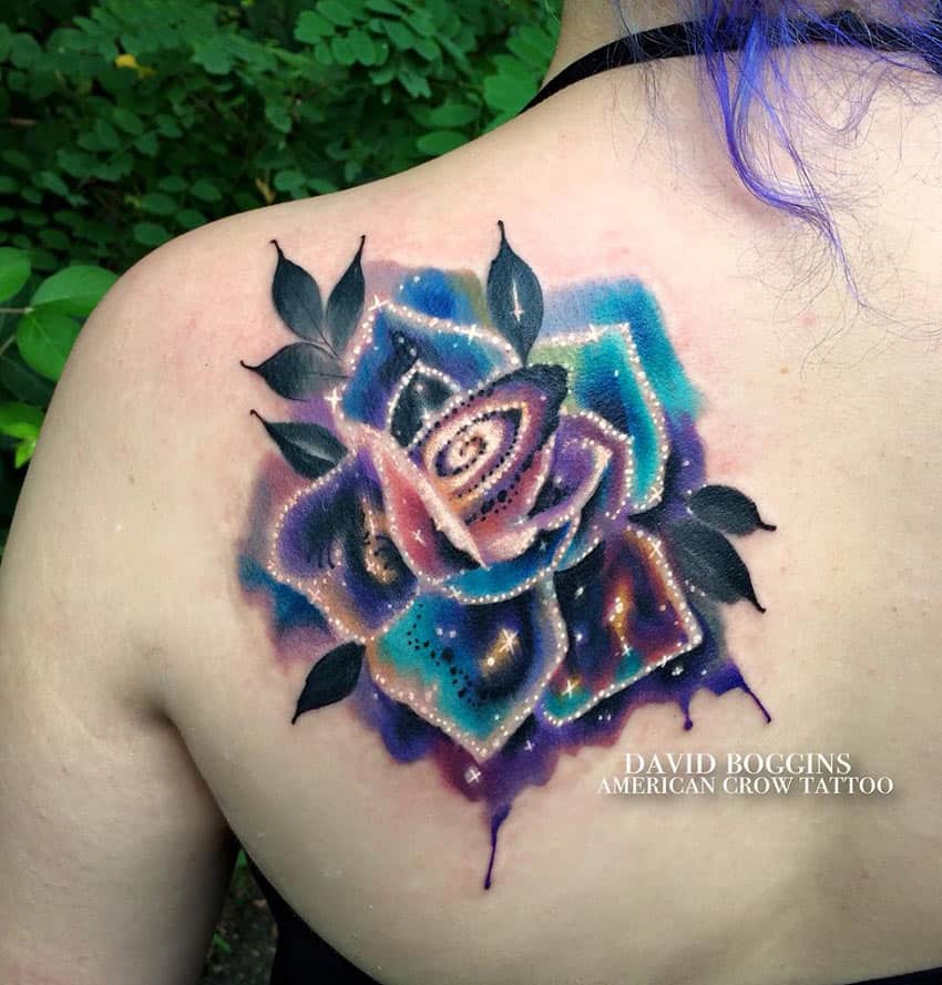 Galaxy rose back tattoo