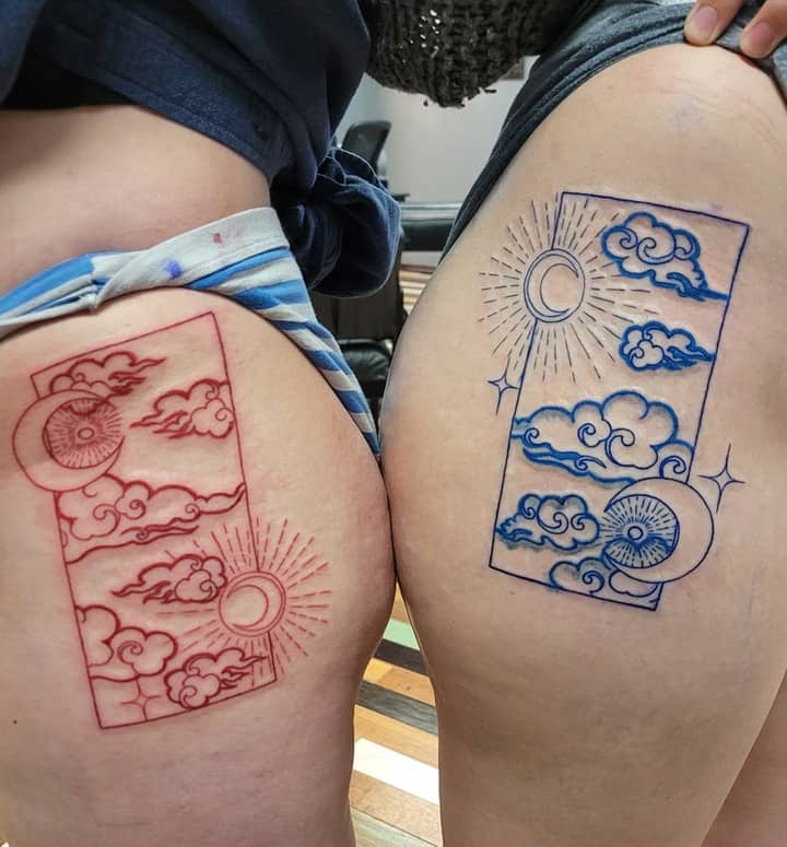 Interesting sun and moon matching bestie tattoo design