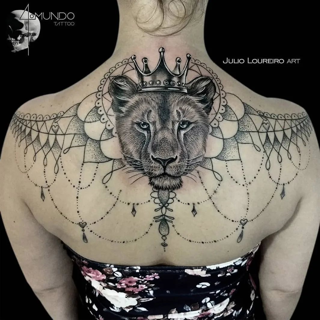 Lioness back tattoo