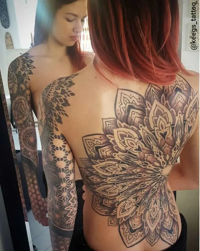 Mandala back tattoo and matching sleeve