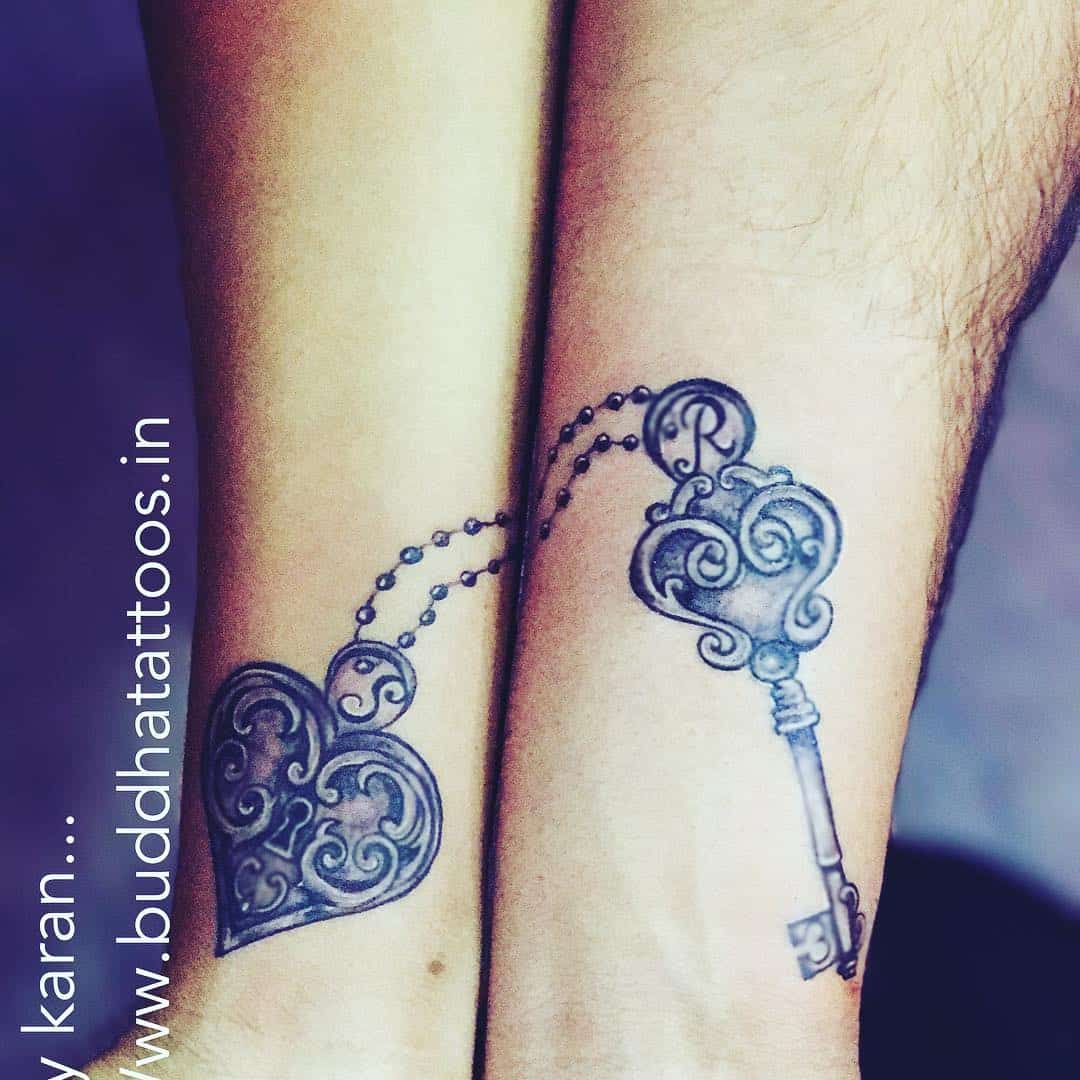 Matching heart and key tattoos for best friends