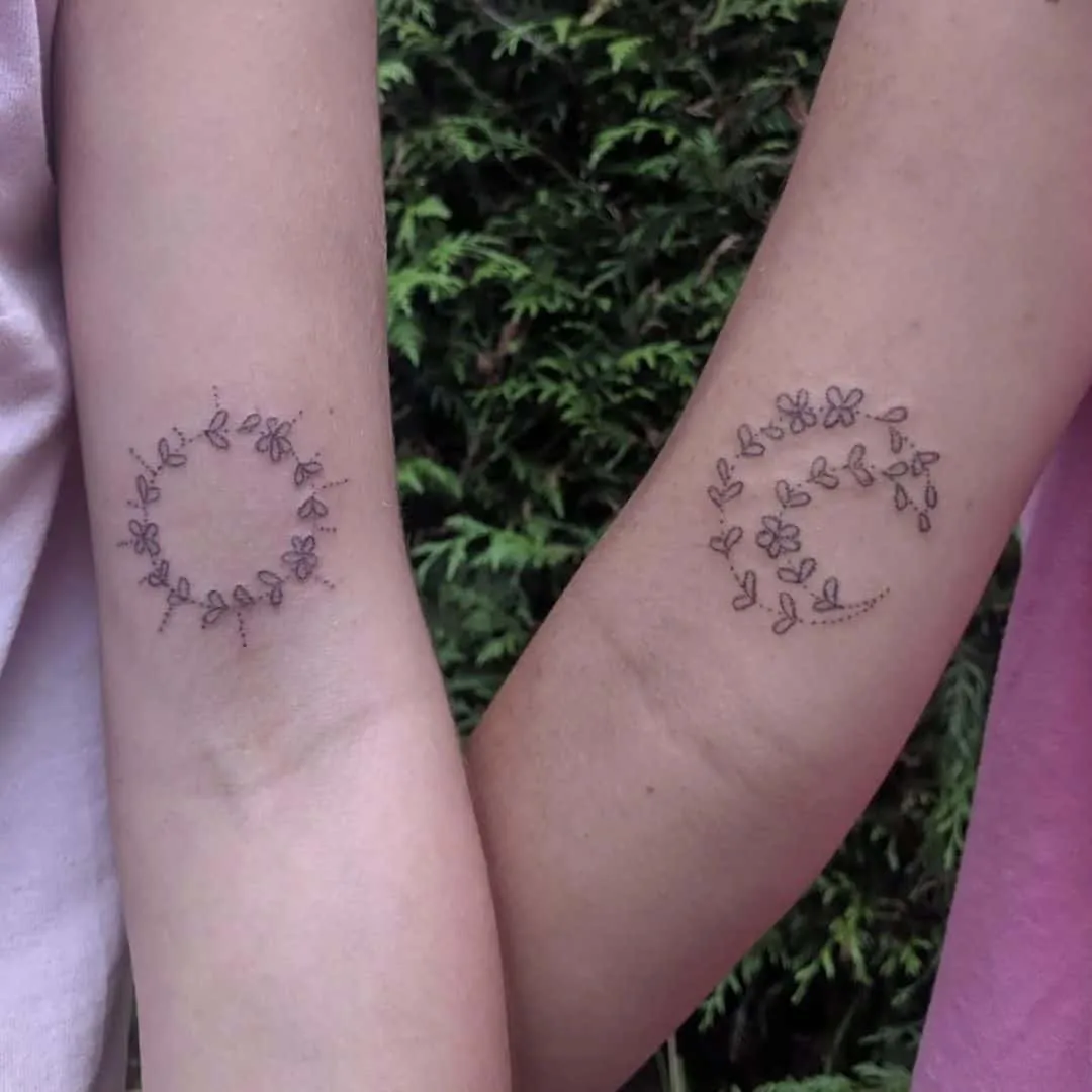Sun and Moon hand-poked matching BFF tattoo