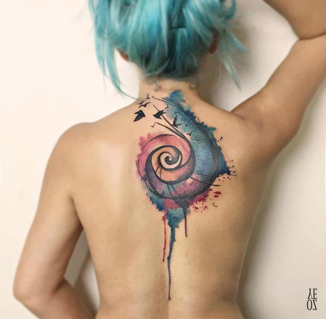 Colorful upper-back tattoo