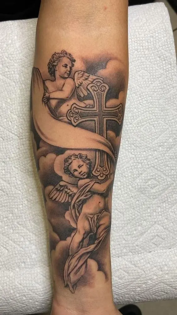 Christian angel and cross forearm sleeve