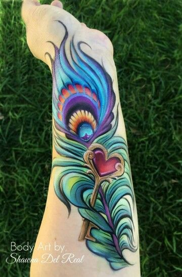 Tatuaggio interno del braccio con piume di pavone per le donne