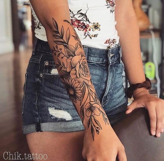 Forearm female rose tattoo design