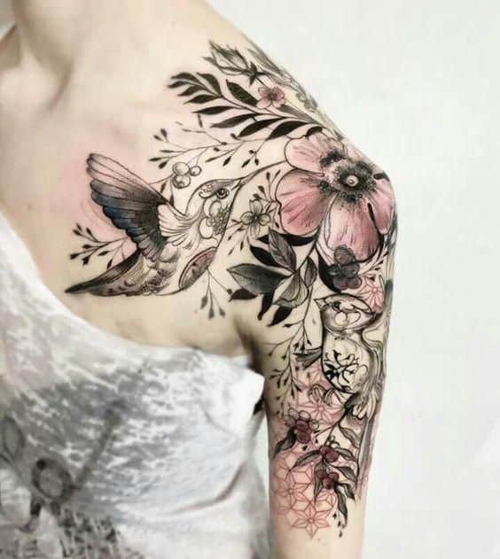  Hummingbirds and flowers tattoo sleeve