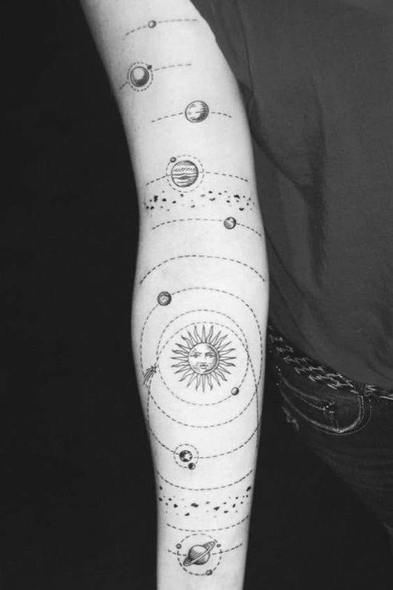 Tatuaje femenino minimalista de planetas