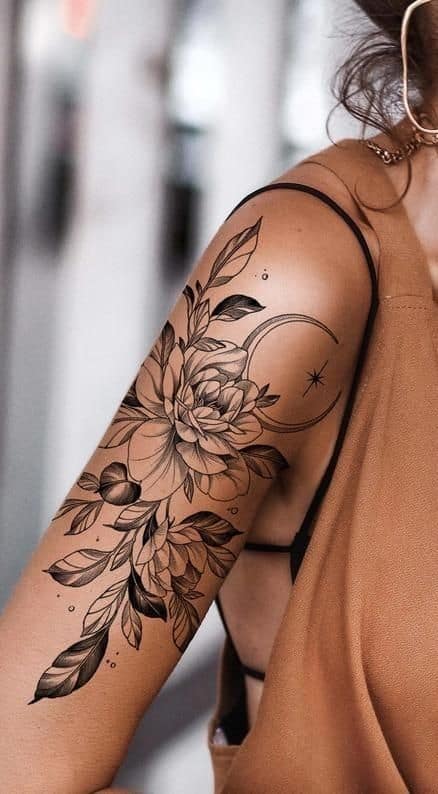 Luna y flores brazo manga en la mujer