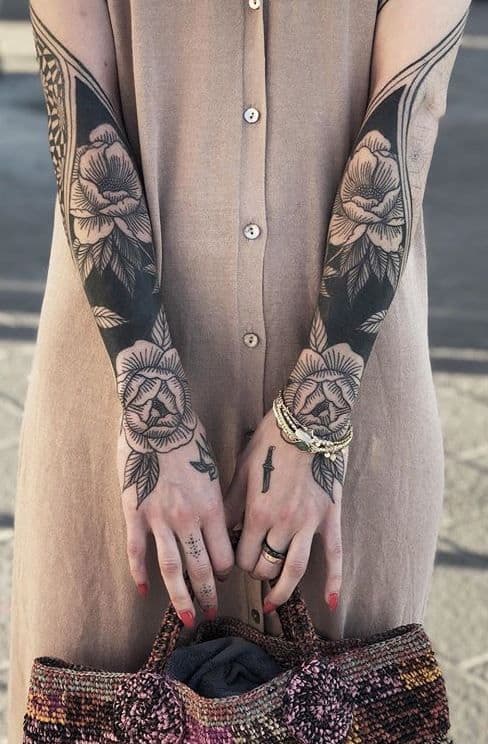 Two arms blackwork floral half-sleeve