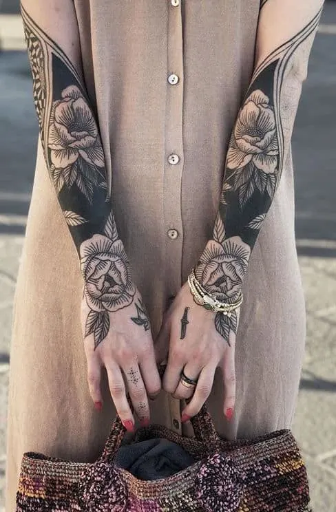 Two arms blackwork floral half-sleeve
