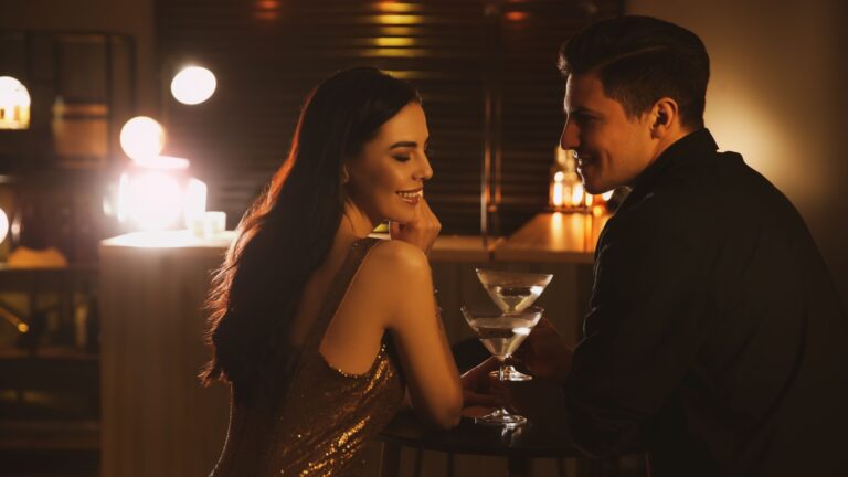 man woman flirting each other bar