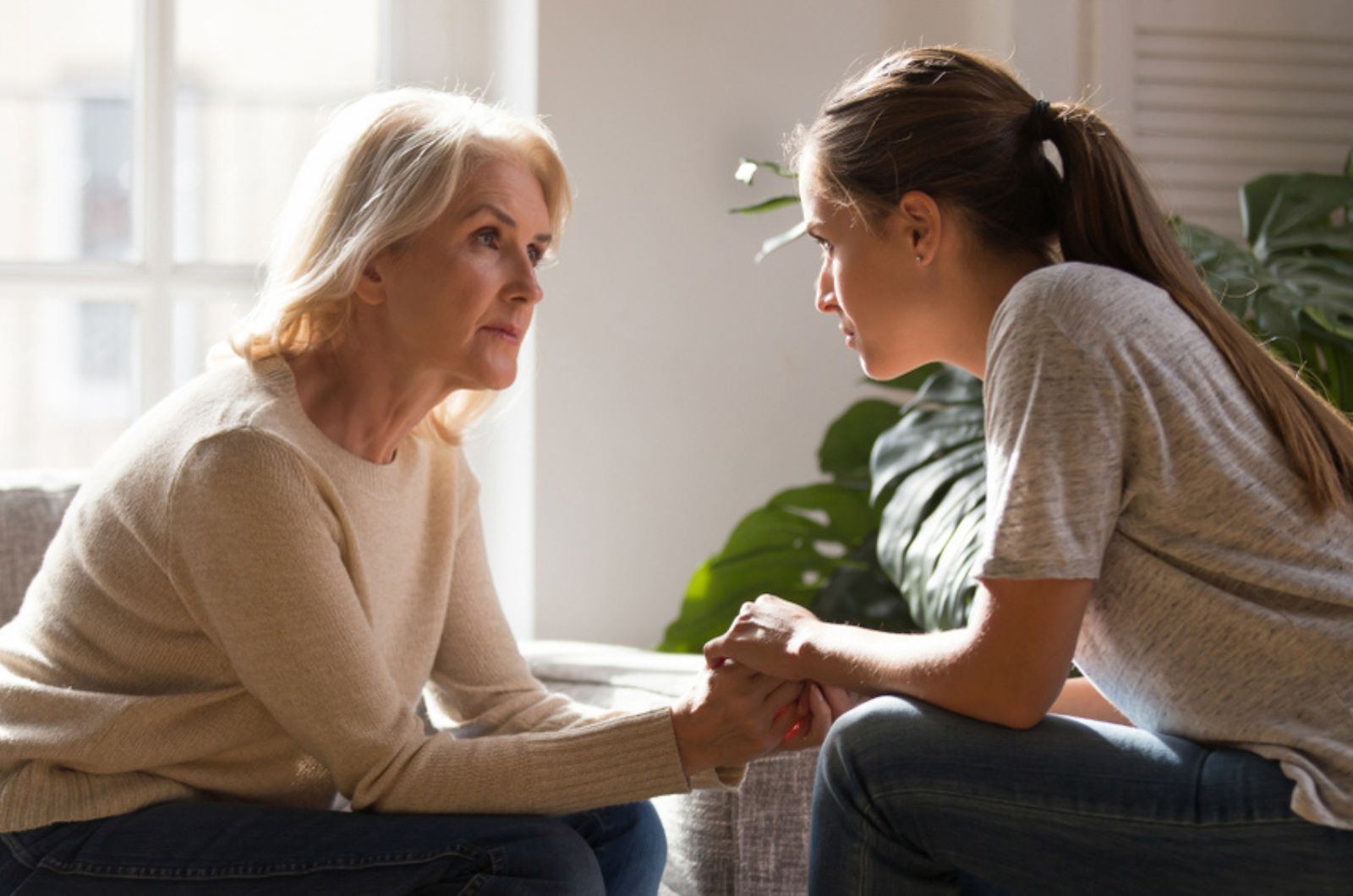 senior woman talking to her daughter