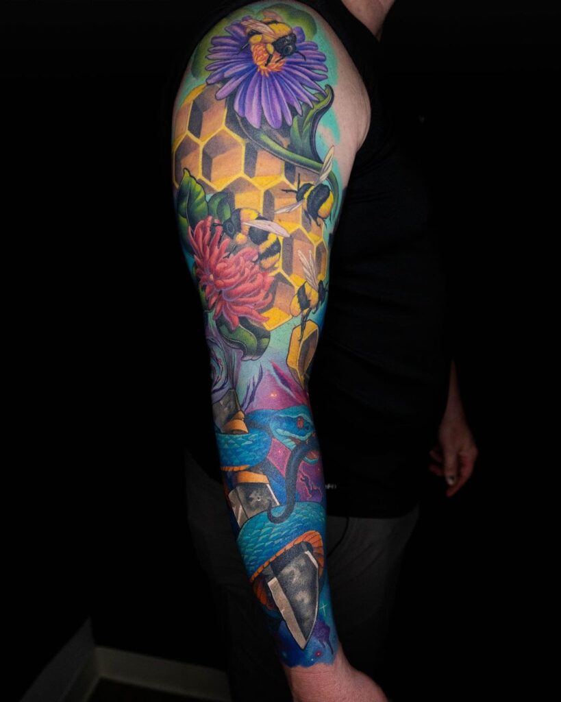 crazy color sleeve tattoo