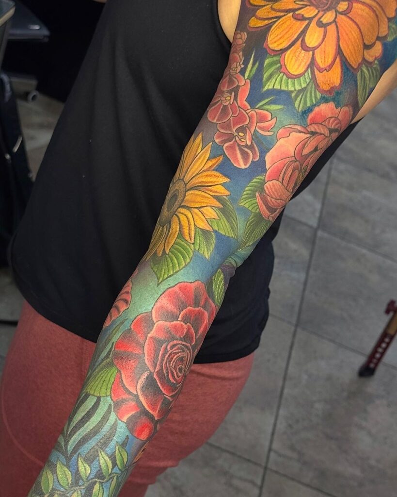 floral color sleeve tattoo