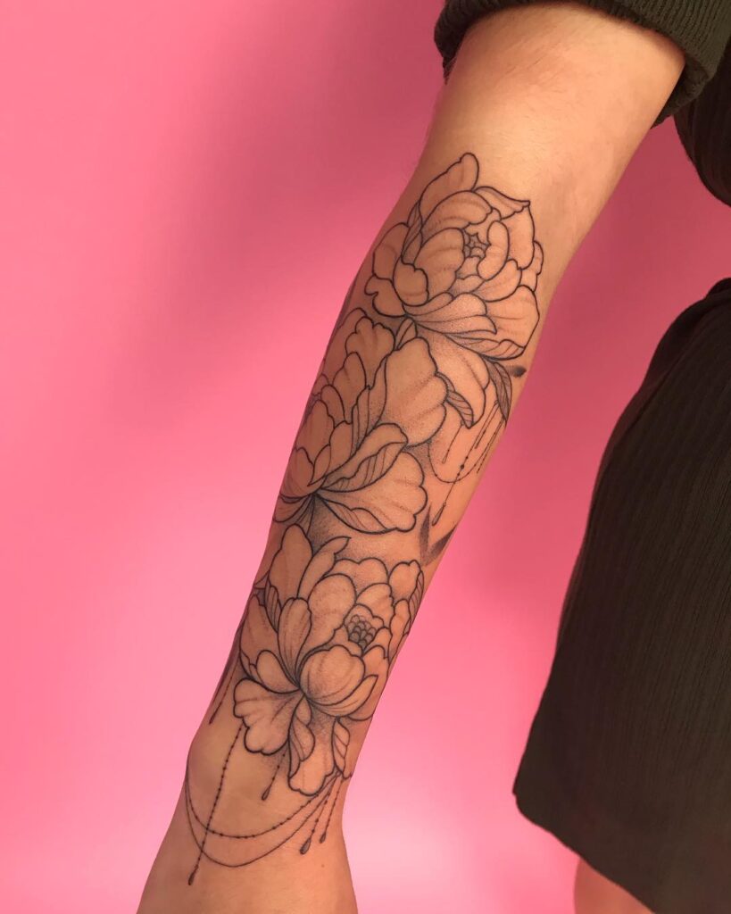 floral fine line half sleeve tattoo