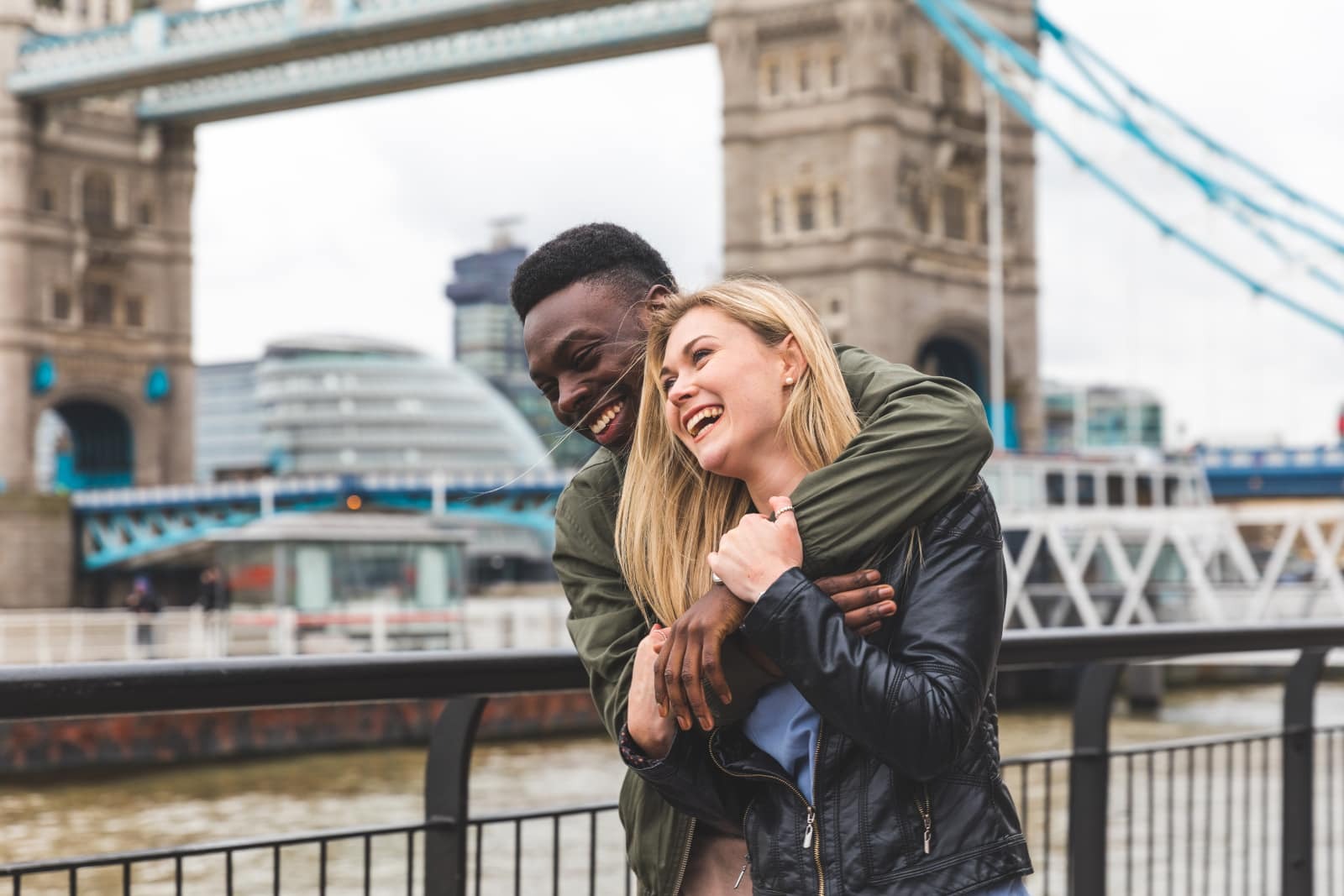 smiling couple in hug