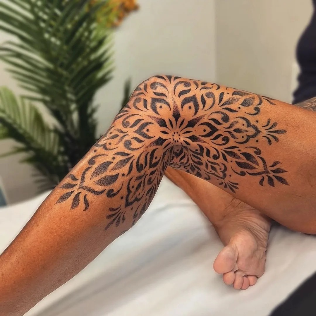 dotwork leg tattoo