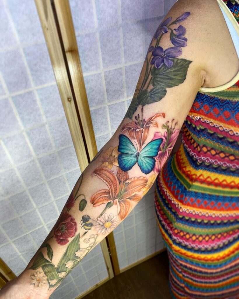 Botanical Sleeve Watercolor Tattoo