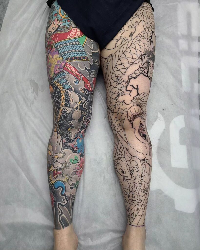 Colorful Linework Leg Sleeve Tattoo