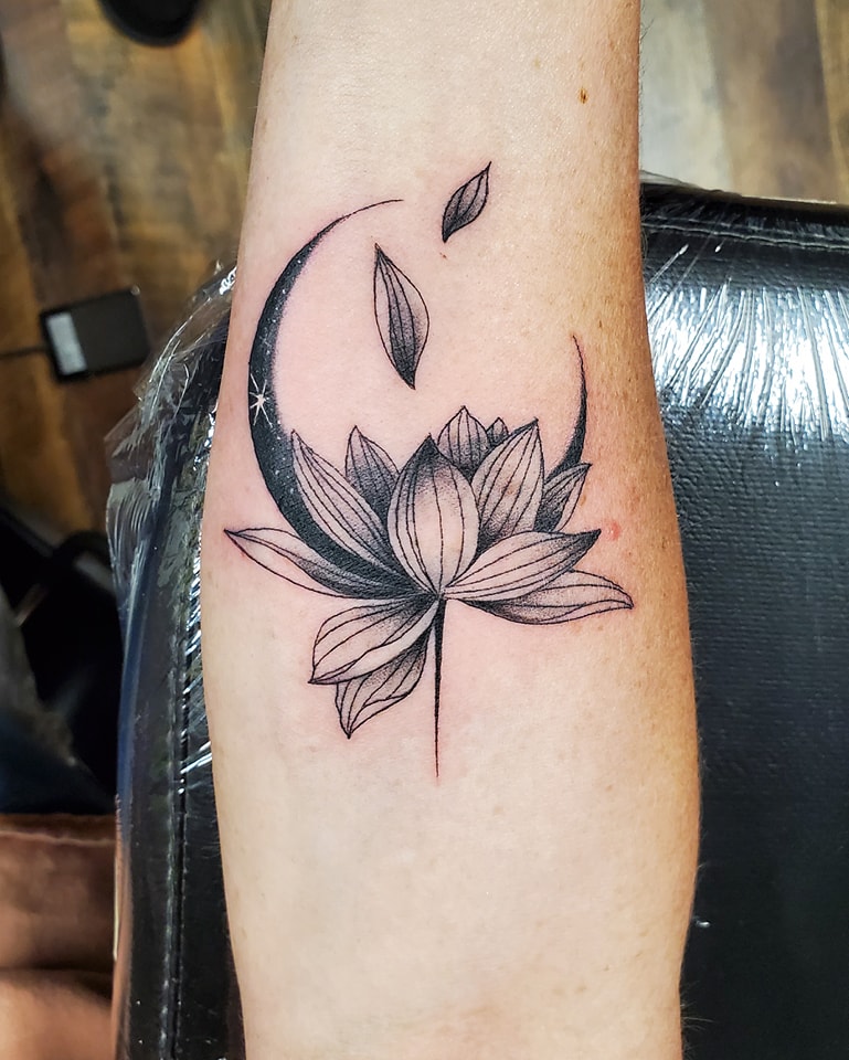 Crescent Moon Lotus Flower Tattoo