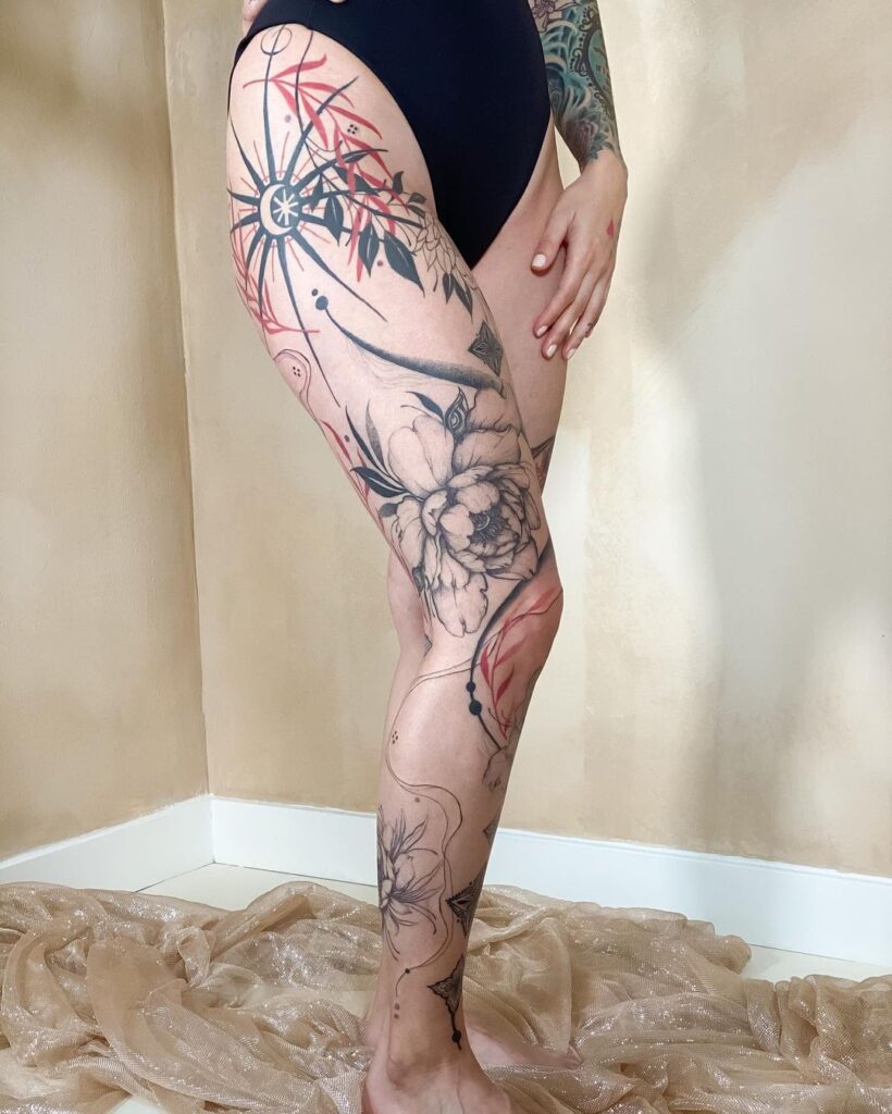 Floral Hand Poked Leg Sleeve Tattoo