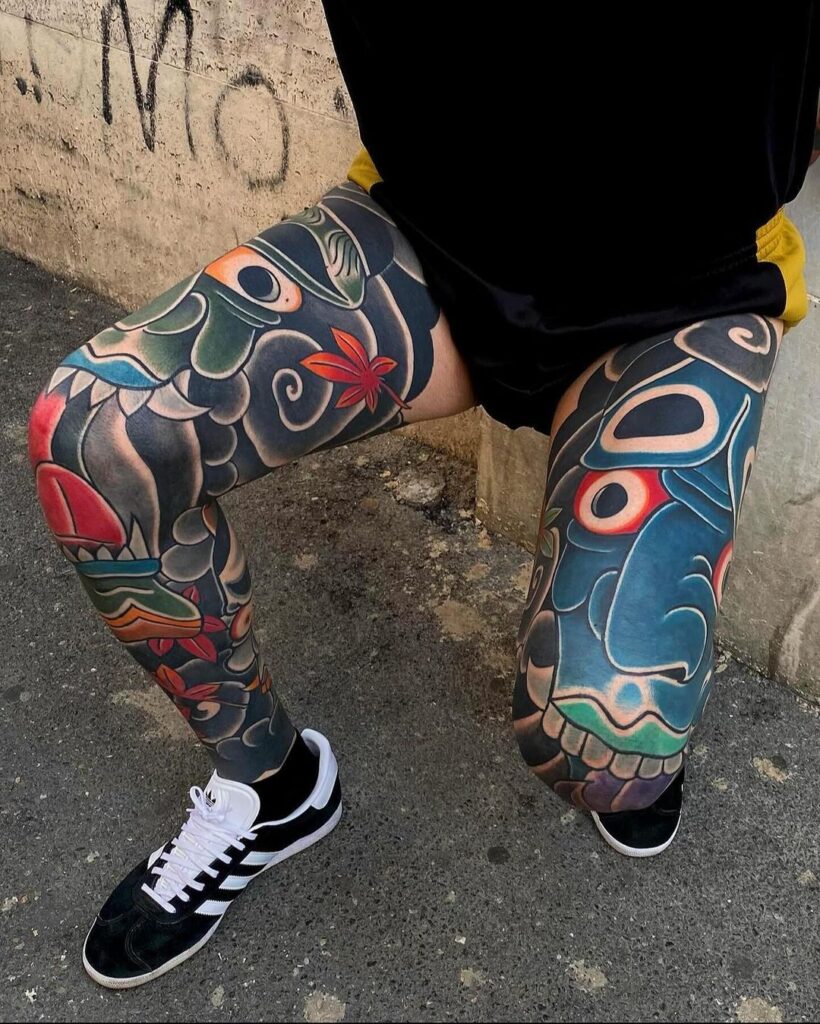 Japanese Colorful Leg Sleeve Tattoo