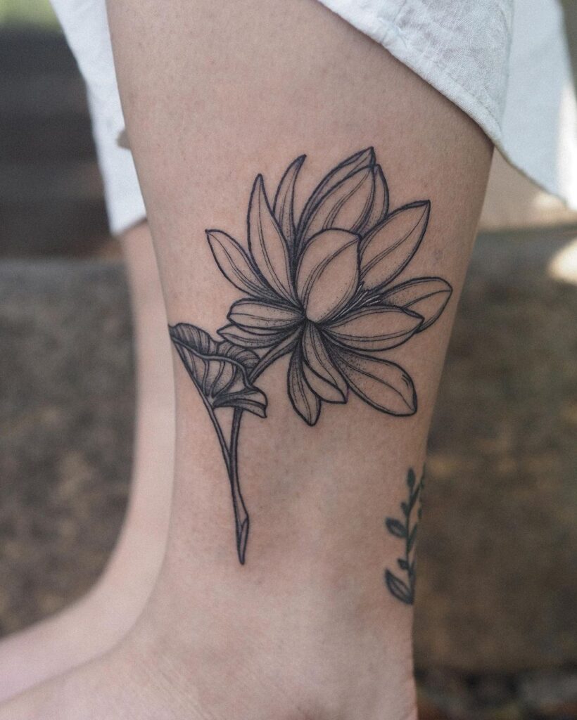 Lotus Line Work Leg Tattoo