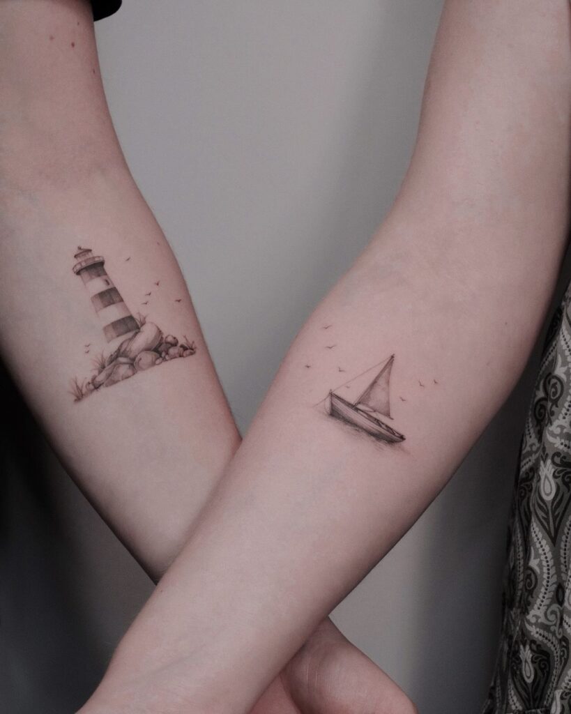 Sailing Boat And Lighthouse Matching Tattoo