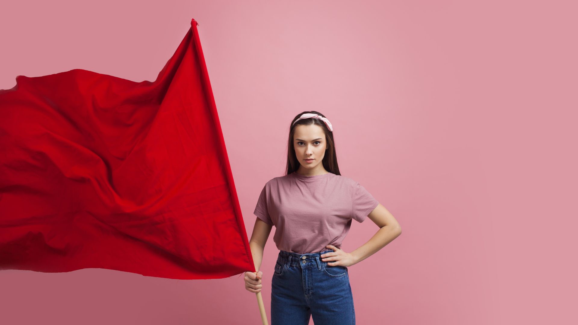 woman with red flag