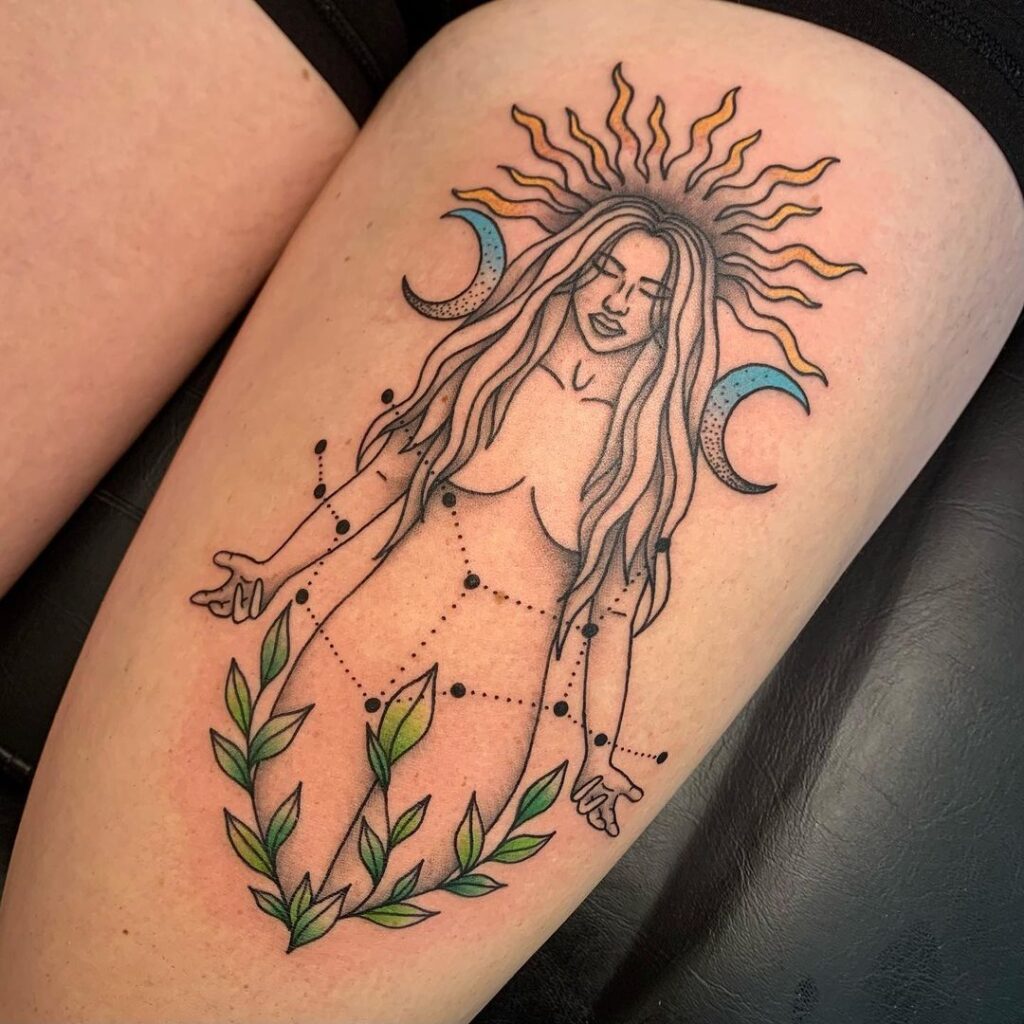 Tatuagem do zodíaco Virgem na coxa