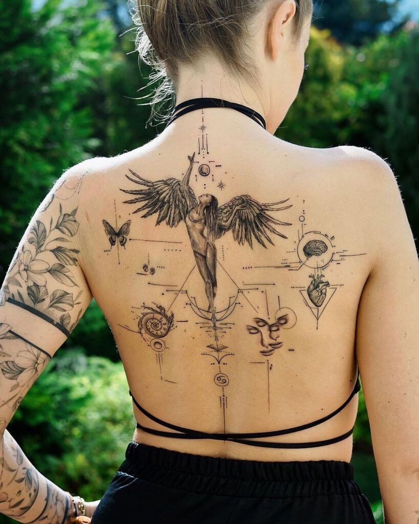 angel spiritual patchwork back tattoo