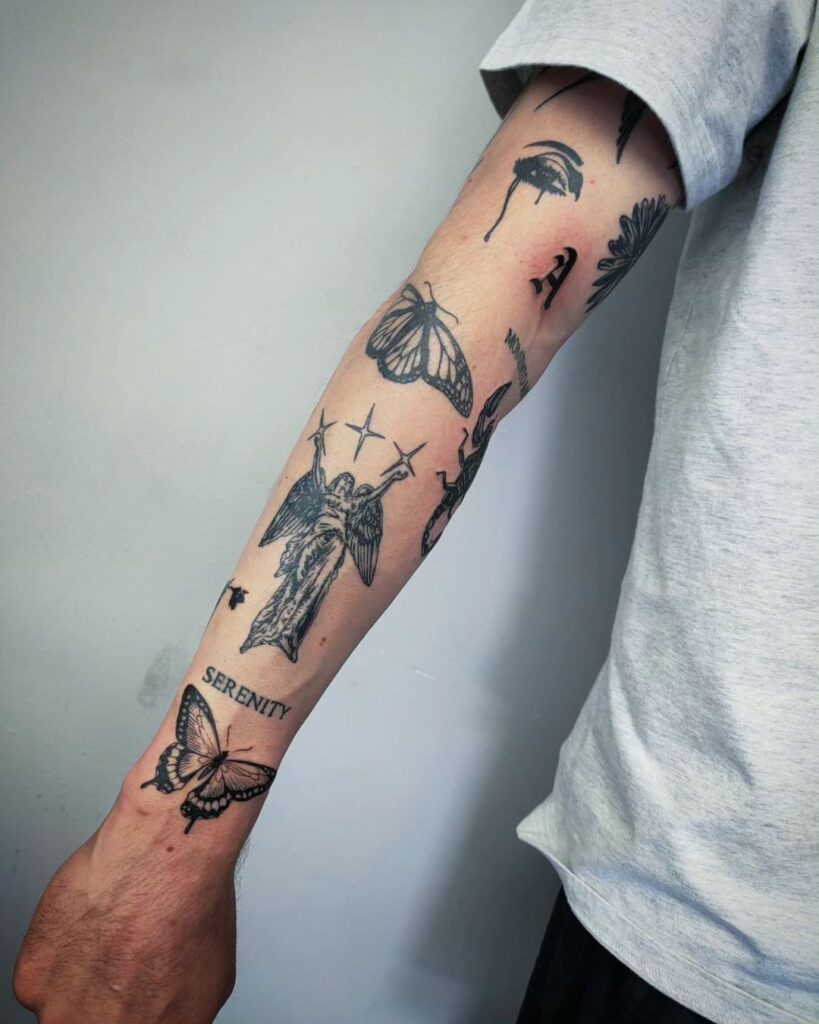 blackwork patchwork sleeve tattoo 1