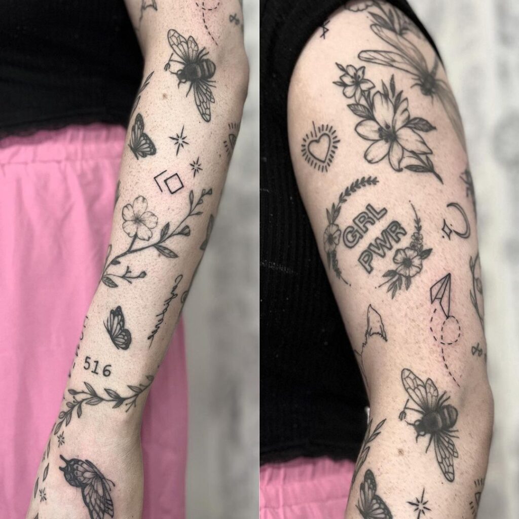 botanical girl power patchwork sleeve tattoo