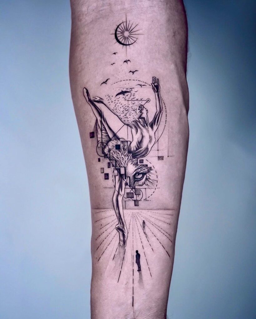 tatuagem espiritual da perna da dança dos lobos