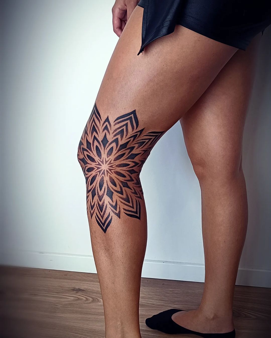 dot work leg tattoo