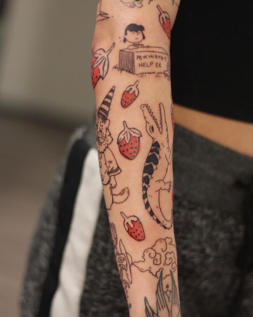 funky patchwork sleeve tattoo